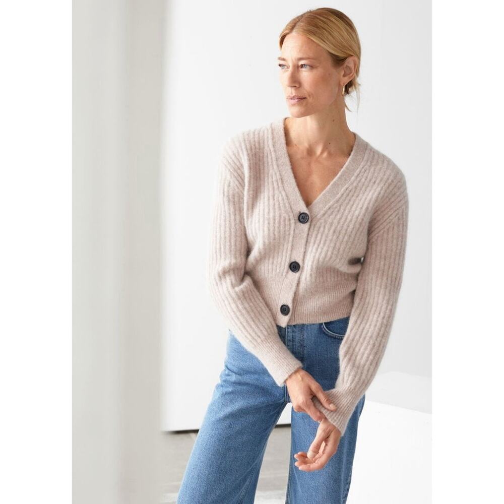 & Other Stories Cropped Ribbed Alpaca Blend Cardigan in Cream Size Small